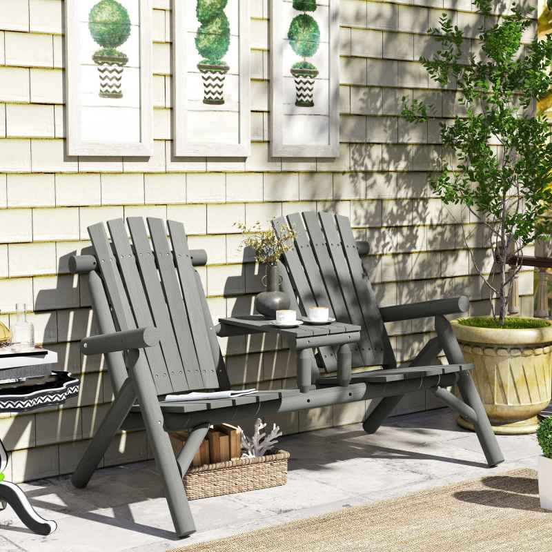 Outsunny Wood Patio Chair Bench 2 Seats with Centre Coffee Table, Garden Bench for Lounging and Relaxing Outdoors, Grey