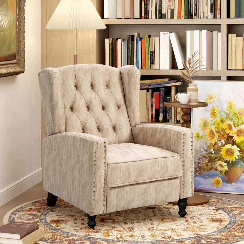 HOMCOM Manual Reclining Armchair with Footrest, Marble Effect Vintage Recliner Chair with Nail Head Trim, Button Tufted Wing Back and Wood Legs, Beige