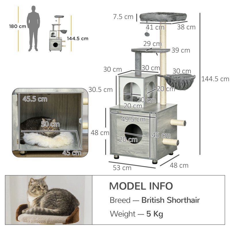 PawHut Cat Tower with Litter Box Enclosure, Cat Tree for Indoor Cats with Cat House, Scratching Post, Hammock, Grey