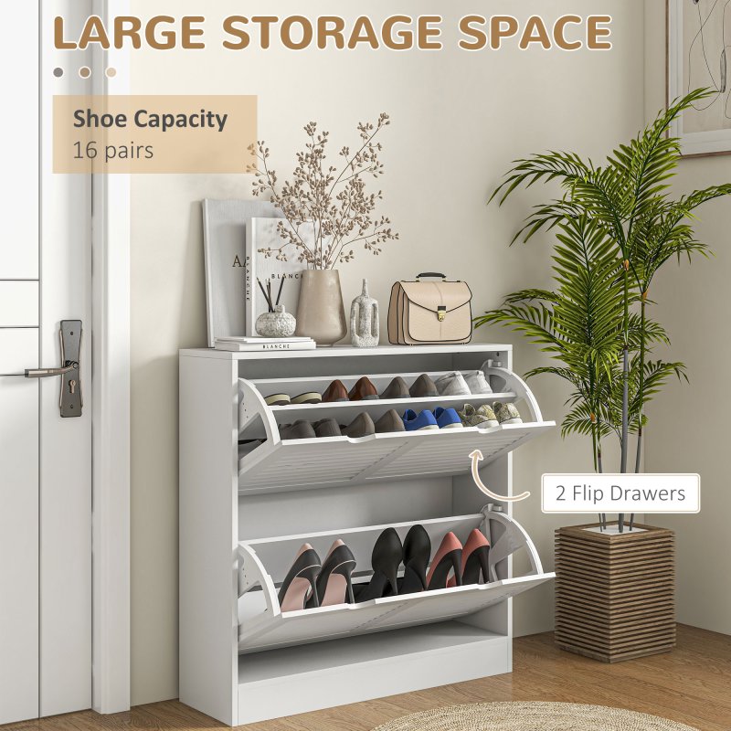 HOMCOM 2 Drawers Entryway Shoe Cabinet, Narrow Shoe Storage Cabinet with 2 Flip Drawers, Louvred Door Design and Adjustable Shelves for 16 Pairs of Shoes, White