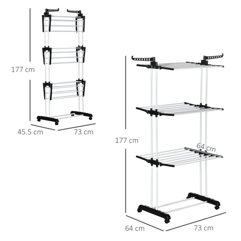 HOMCOM 4-Tier Clothes Airer, Foldable Clothes Drying Rack with Wheels and Wings, Steel Garment Laundry Rack for Indoor and Outdoor Use, Black