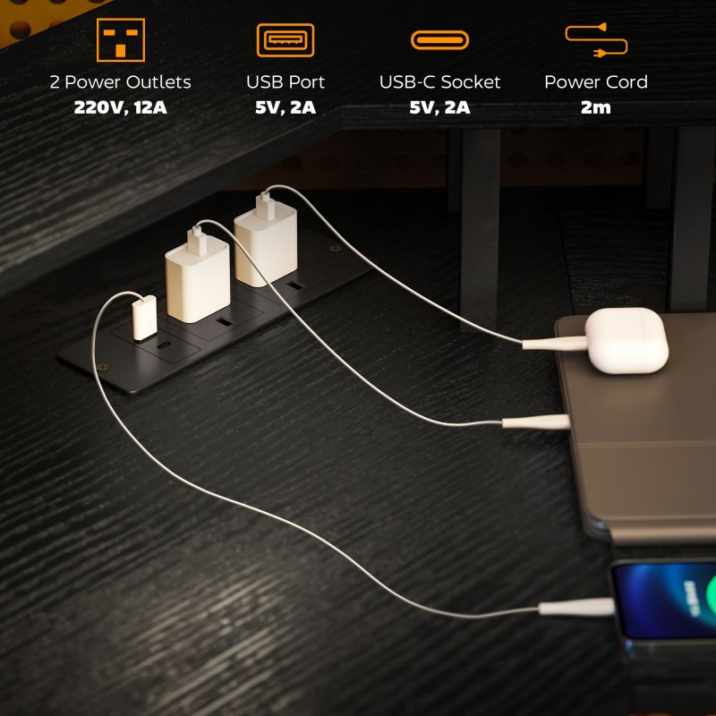 HOMCOM L Shaped Desk with Power Outlets and LED Lights, Corner Computer Desk with Monitor Stand, Gaming Desk for Home Office, Black