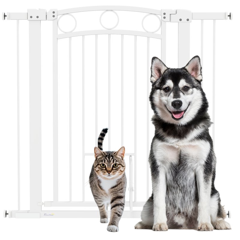 PawHut Dog Stair Gate 96cm Extra Tall Height, 76-104cm Adjustable Width Pressure Fit Safety Gate with Cat Door, 7cm and 14cm Extensions for Stairs, Doorways, Easy Installation, White