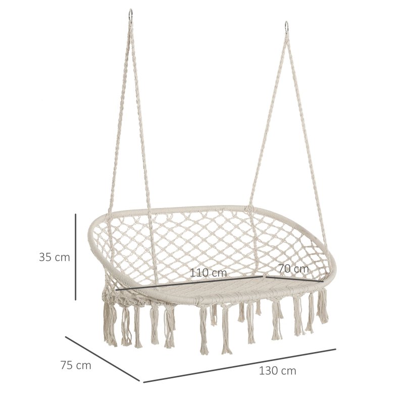 Outsunny 2-Seater Hanging Hammock Chair, Cotton-Polyester Blend Macrame Hanging Rope Chair with Metal Frame, for Patio, Garden, Balcony, Living Room, Cream White