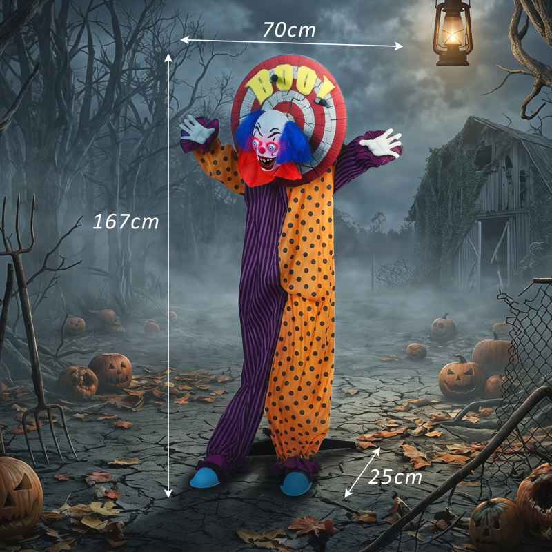 HOMCOM 167cm Life Size Animated Clown Halloween Decorations Outdoor Indoor, Scary Halloween Animatronics Decor with Sound Touch Activated, Red Light Up Eyes, Animated Prop for Haunted House Garden