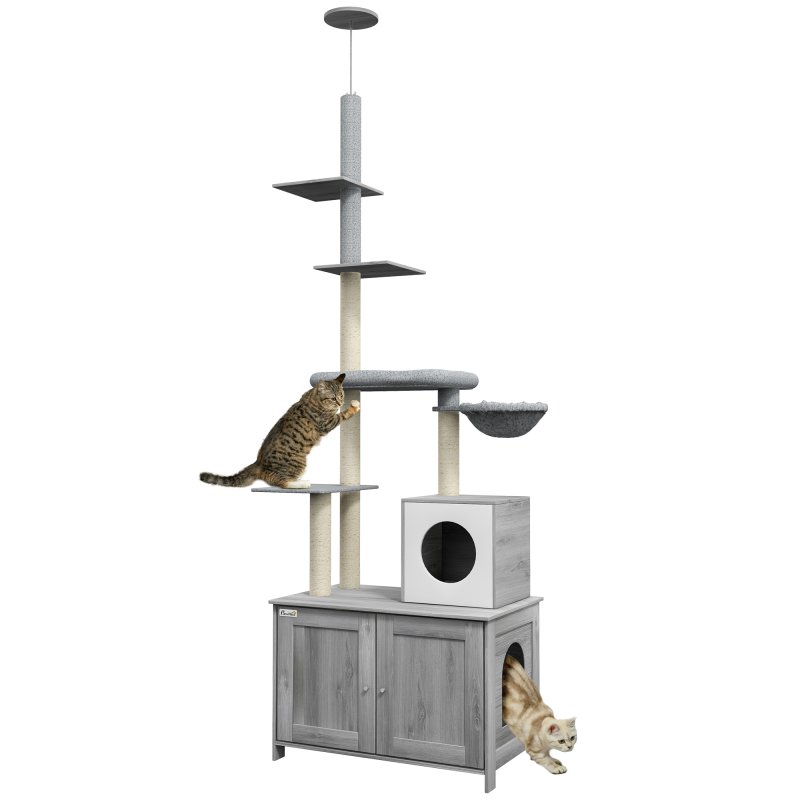 PawHut Cat Tree with Hidden Litter Box, 2-in-1 Floor-to-Ceiling Cat Litter Box Furniture with Cat House, Bed, Hammock, Scratching Posts and Platforms for Indoor Use - Grey