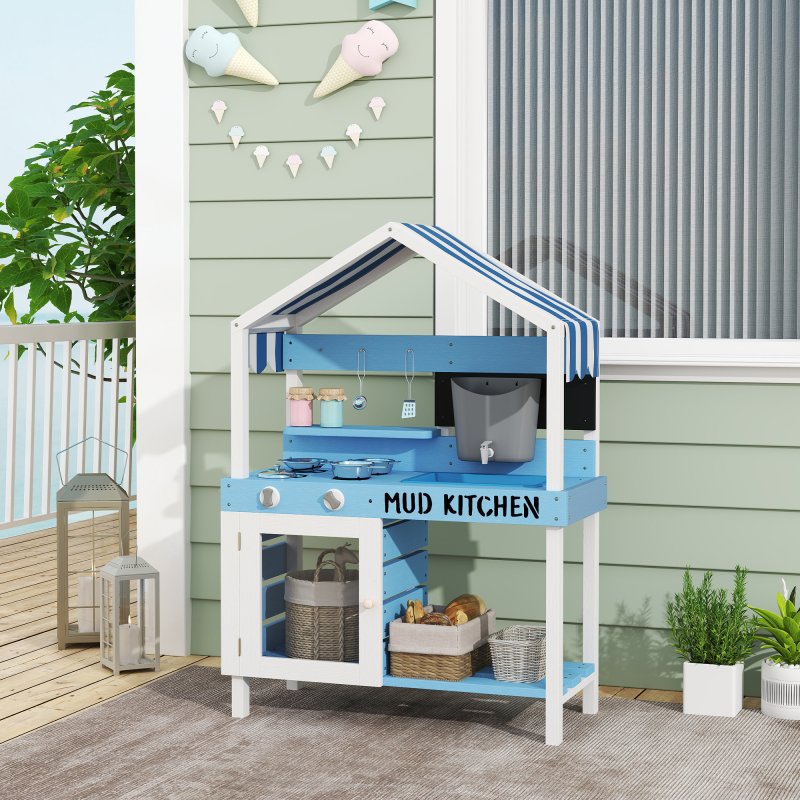 AIYAPLAY Kids Mud Kitchen, Outdoor Play Kitchen with Stoves, Sink, Faucet, Storage Shelves, Cookware Accessories, Pretend Wooden Kitchen Playset for Boys Girls, Blue