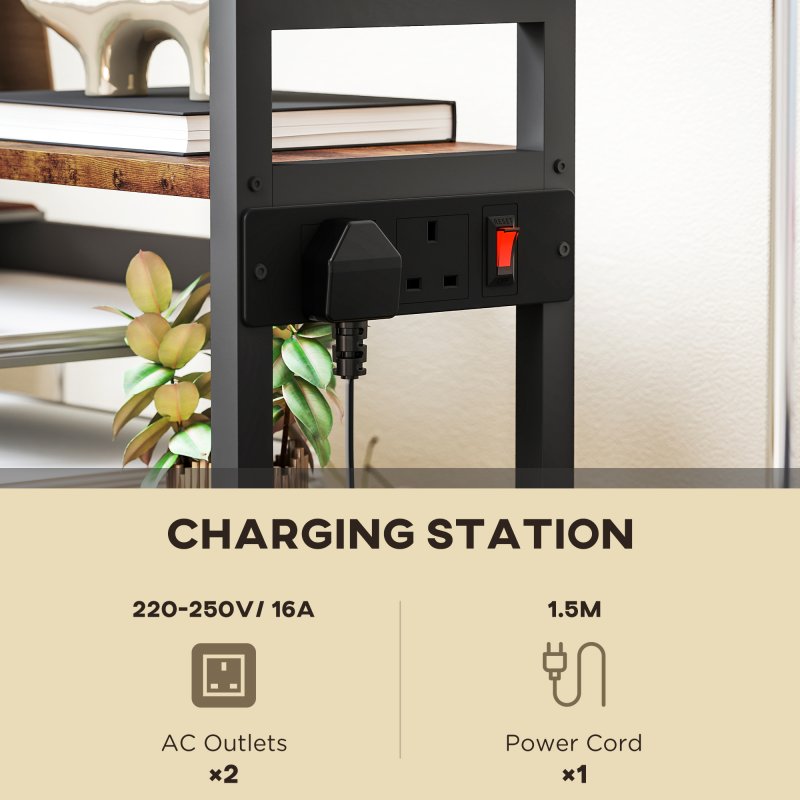 HOMCOM 4-Tier Printer Stand with Power Outlets, Mobile Printer Table with Wheels and Metal Frame for Home Office, Study, Rustic Brown