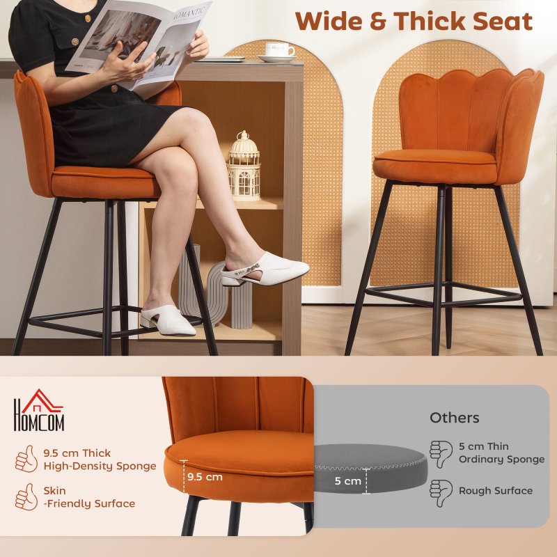HOMCOM Bar Stools Set of 2, Modern Velvet-Feel Barstools with Petal Backrest and Footrest, Upholstered Breakfast Bar Chairs with Metal Legs for Kitchen Island Counter, Dining Room, Orange