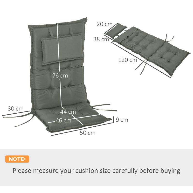 Outsunny Set of 2 Garden Chair Cushion Seat, 120L x 50W x 9D cm High Back Dining Chair Padded Patio Chair with Pillow for Indoor and Outdoor Use, Dark Grey