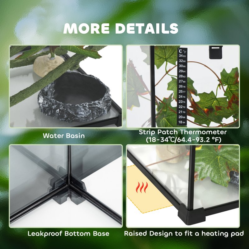PawHut Vivarium, Terrarium, Glass Reptile Habitat w/ Thermometer, Decoration, Heat for Lizards, Horned Frogs, Snakes, Spiders, 50 x 30 x 35cm