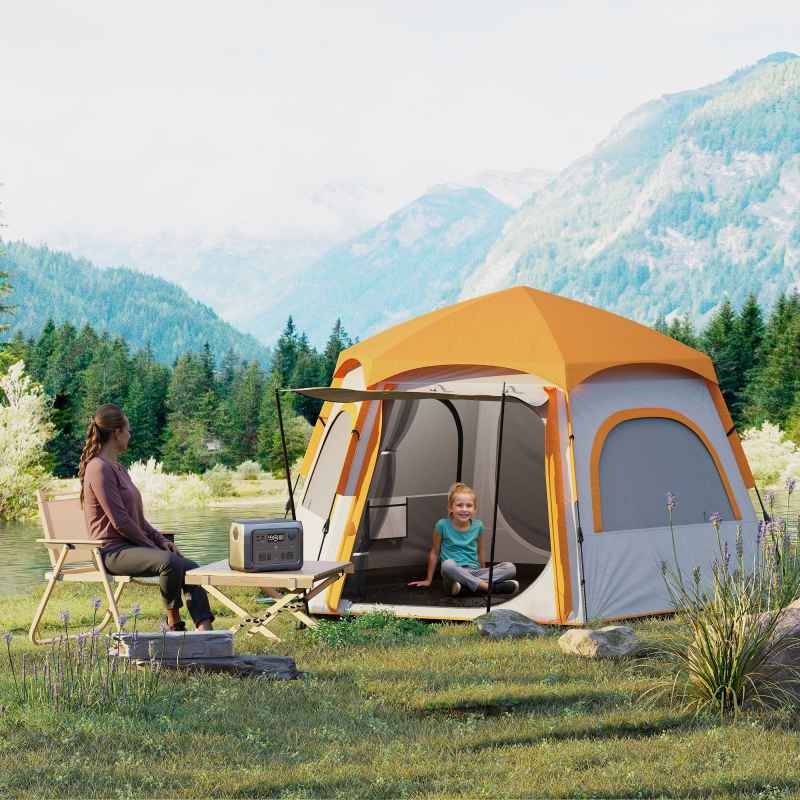 Outsunny Instant Pop Up Camping Tent, 2/3/4 Person Easy Setup Dome Family Tent with Vestibule, Rainfly, 4 Mesh Windows & 2 Doors, Hexagonal Design, Waterproof & UV Protected, Light Grey