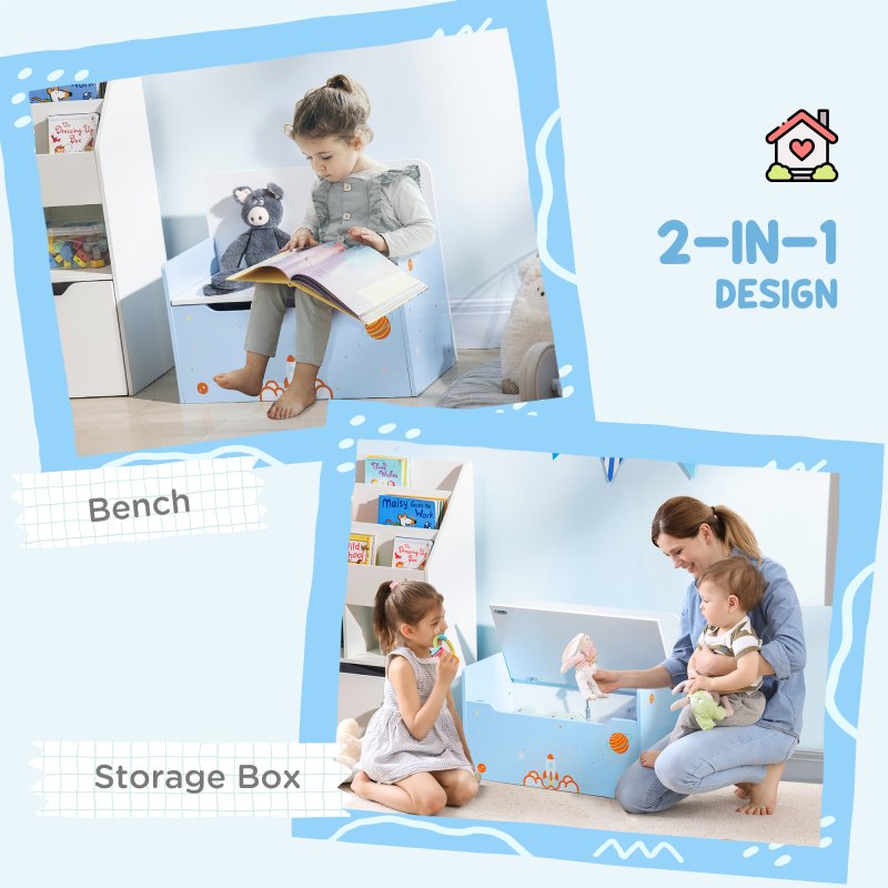 ZONEKIZ 2 in 1 Wooden Toy Box, Kids Storage Bench, Toy Chest with Safety Rod - Blue