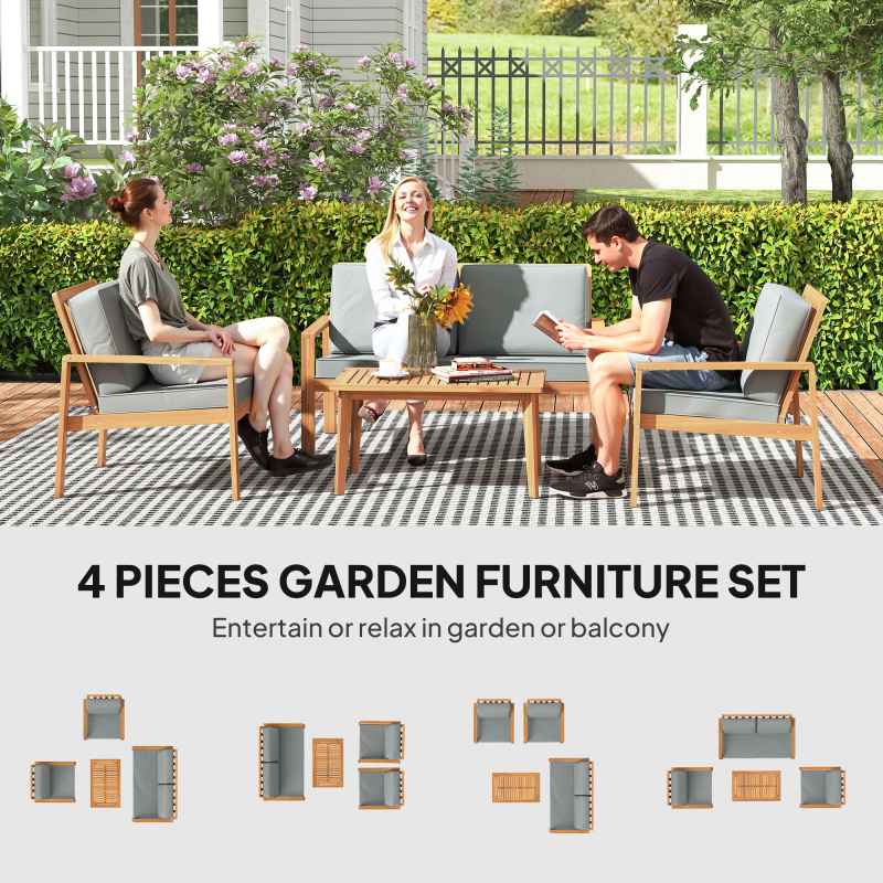 Outsunny 4 Pieces Garden Furniture Set with Cushions, Wooden Garden Sofa Set with 1 Loveseat, 2 Armchairs and 1 Coffee Table, Outdoor Table and Chairs for Conservatory, Balcony, Patio, Teak
