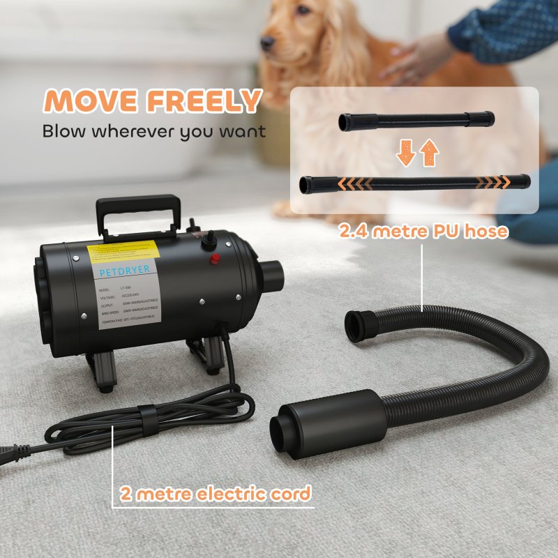 PawHut Dog Hair Dryer, 2200W Pet Grooming Hair Dryer with Adjustable Temperature & Velocity, Professional Low Noise Dog Blaster with 3 Different Nozzles, Black