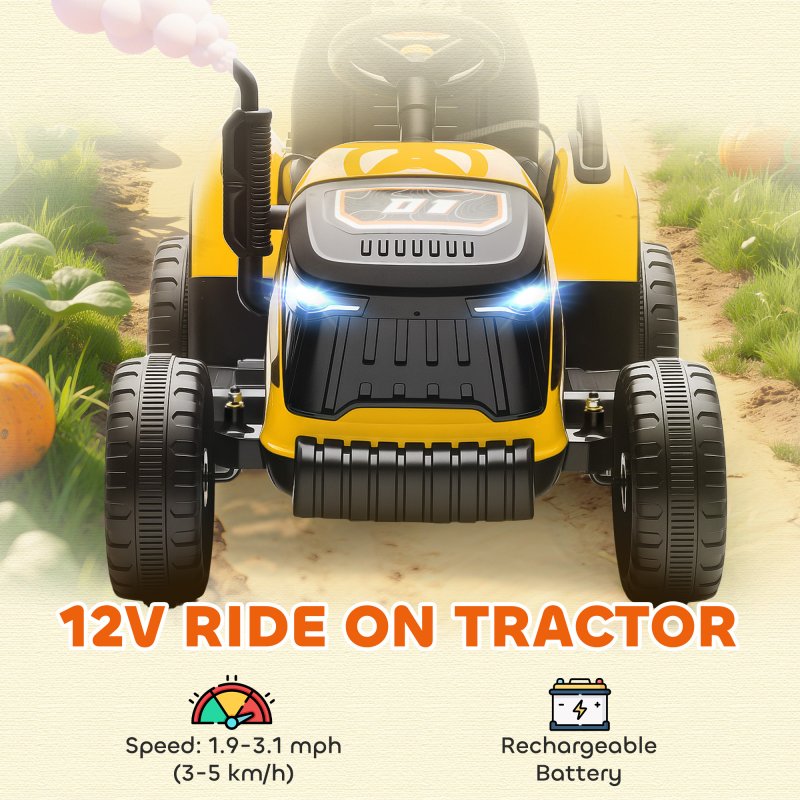 AIYAPLAY Ride on Tractor with Trailer, 12V Electric Vehicle with Remote Control, Ride on Car for Kids with Music, Shifter, Start-Up Sound for Ages 3-8 Years, Yellow