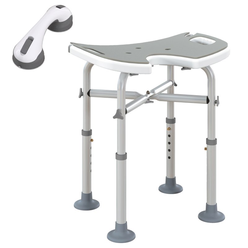 HOMCOM Height Adjustable Shower Stool with Suction Grab Rail, Aluminium Shower Chair with U-Shaped Padded Seat, Non-Slip Bath Stool for Elderly, Disabled, Seniors, Pregnant