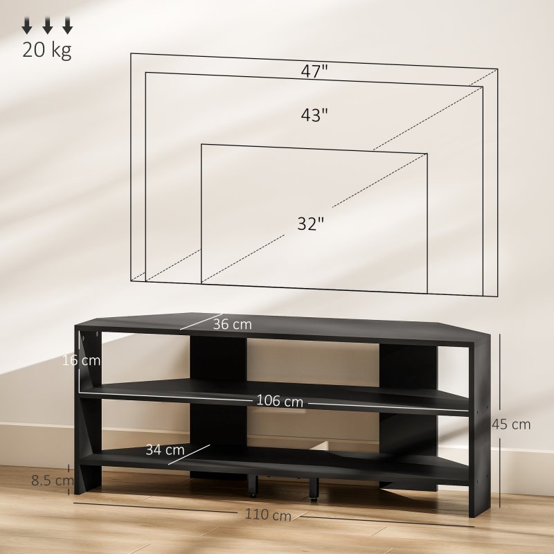 HOMCOM Corner TV Stand for 47 Inch Television, Modern TV Unit with 2 Open Shelves for Living Room, Bedroom, Black