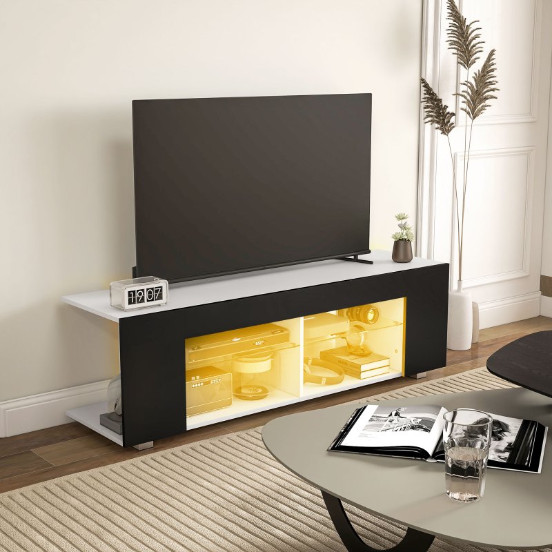 HOMCOM 145cm TV Unit with Glass Shelves and LED Light, Modern TV Stand Cabinet for Living Room, Entertainment Unit for 60 inch 4k TV