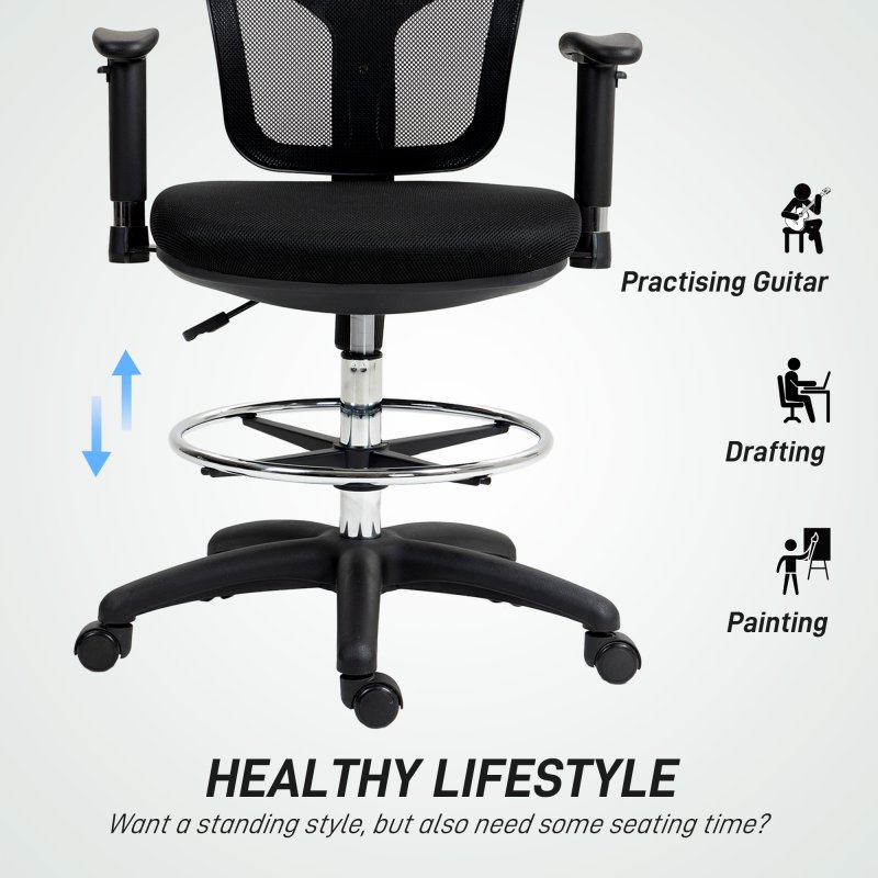 HOMCOM Drafting Chair with Adjustable Armrests, Ergonomic Mesh Office Chair with Lumbar Support, Adjustable Height and Footrest for Standing Desk, Black