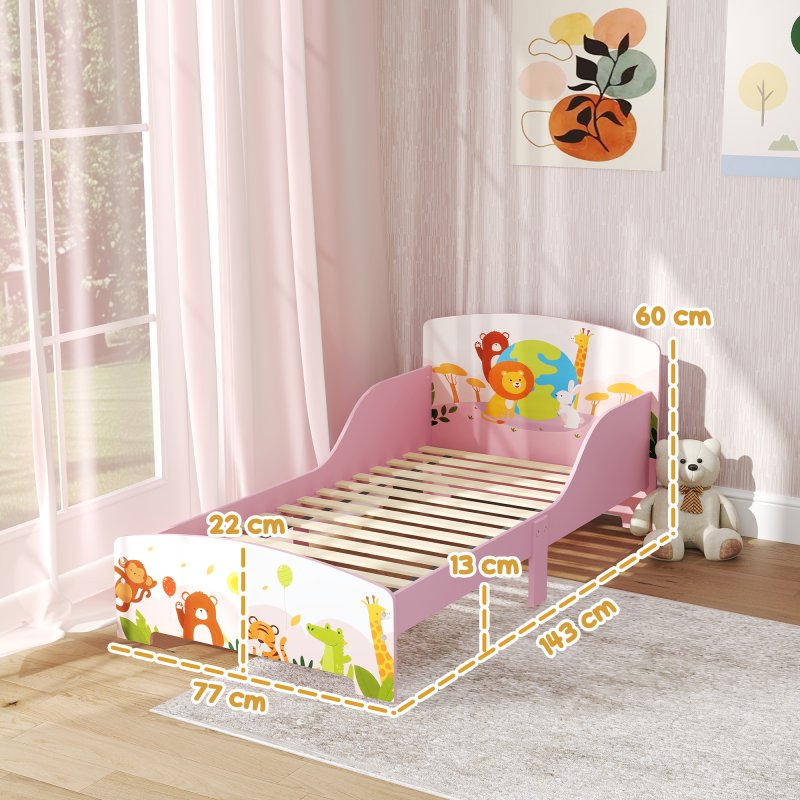 AIYAPLAY Toddler Bed, Cute Animal-Themed Kids Bed Frame with Safety Rails, Kids Bedroom Furniture, 143 x 77 x 60cm, Pink