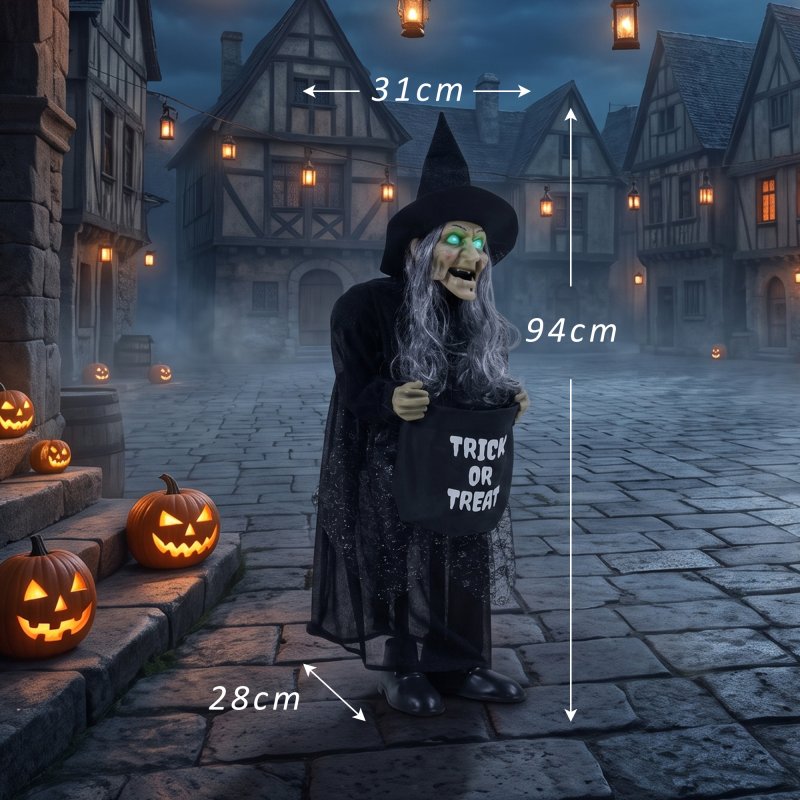 HOMCOM 94cm Animated Witch Halloween Decorations Outdoor Indoor, Scary Halloween Animatronics Decor with Sound Touch Activated, Candy Bag Prop with Light Up Eyes for House Garden Party