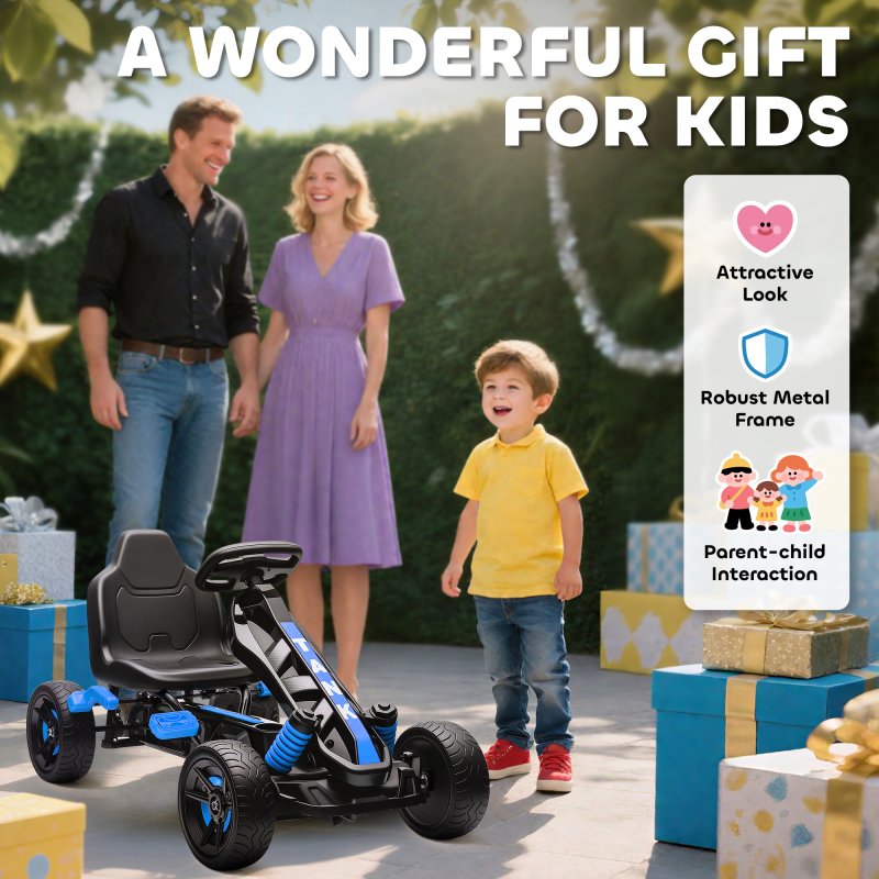 AIYAPLAY Pedal Go Kart, Ride on Racer with Freewheel System, Brake, Non-Slip EVA Wheels, Metal Frame, Go Kart for Kids Ages 3-6 Years, Blue