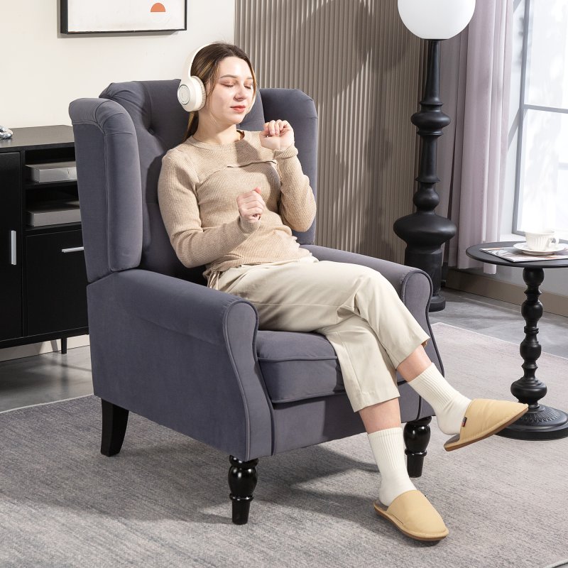 HOMCOM Retro Accent Chair, Velvet Wingback Armchair with Wood Frame Button Tufted Design for Living Room Bedroom, Charcoal Grey