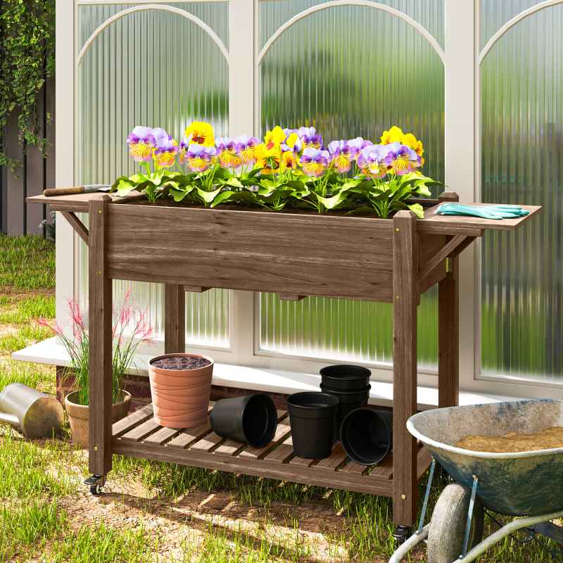 Outsunny Raised Garden Bed, Wooden Elevated Planter Box with Lockable Wheels, Side Tables and Bottom Shelf, Outdoor Planter with Liner and Drainage Holes for Vegetables, Flowers, Fruits, Carbonised