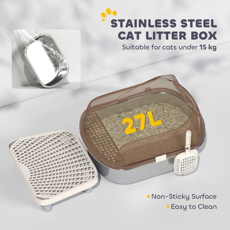 PawHut Stainless Steel Litter Box with Lid, Metal Cat Litter Tray for Big Cats with High Wall Sided Enclosure, Pedal, Scoop, Non-Sticky, Anti-Leakage, Easy Cleaning
