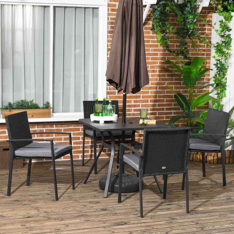 Outsunny 4 Seater Rattan Dining Set with Cushions, Wood Effect Metal Top Table with Umbrella Hole, PE Rattan Garden Furniture Set, Outdoor Dining Table and Chairs for Patio, Balcony, Lawn, Black