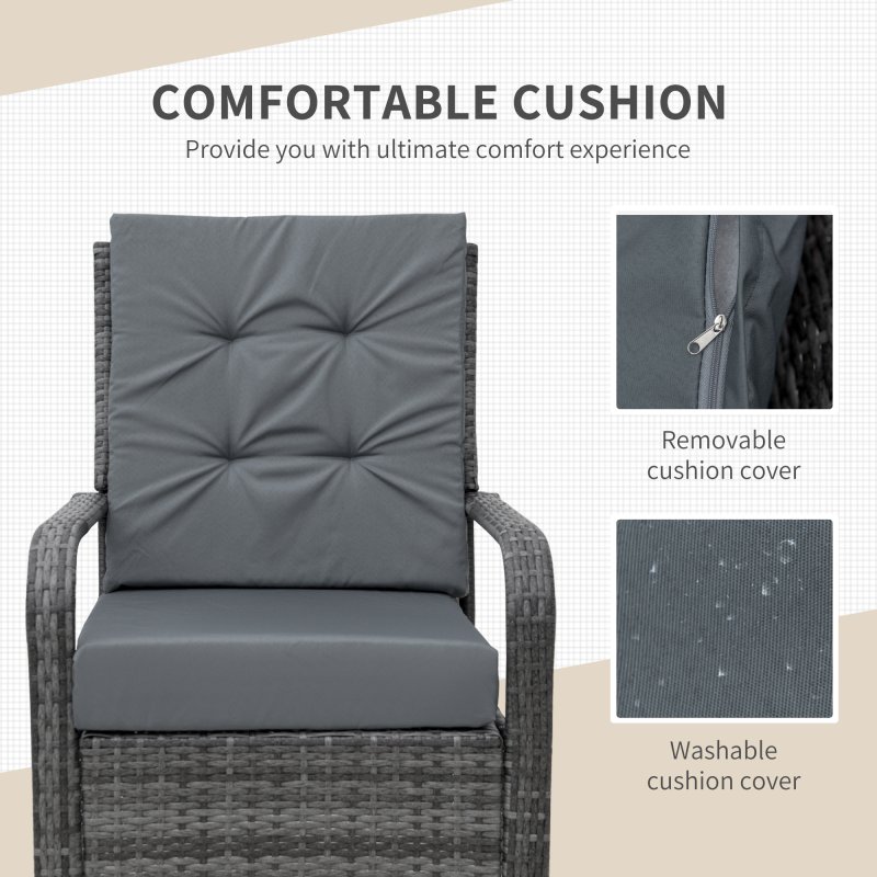 Outsunny 3 Pieces Rattan Bistro Set with Furniture Cover, Wicker Garden Furniture Set, Glass Top Coffee Table and Chairs with Cushions for Outdoor, Patio, Balcony, Grey