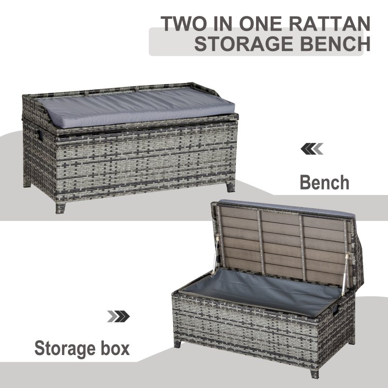 Outsunny PE Rattan Outdoor Storage Bench, Aluminium Garden Bench with Storage Underneath w/ Zipped Inner Lining, Rods for Deck, Mixed Grey