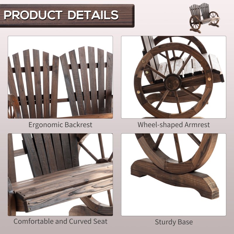 Outsunny 2 Seater Garden Bench, Comfortable Fir Wood Love Chair with Wagon Wheel-Shaped Armrests, Outdoor Adirondack Wooden Loveseats, Carbonized Colour