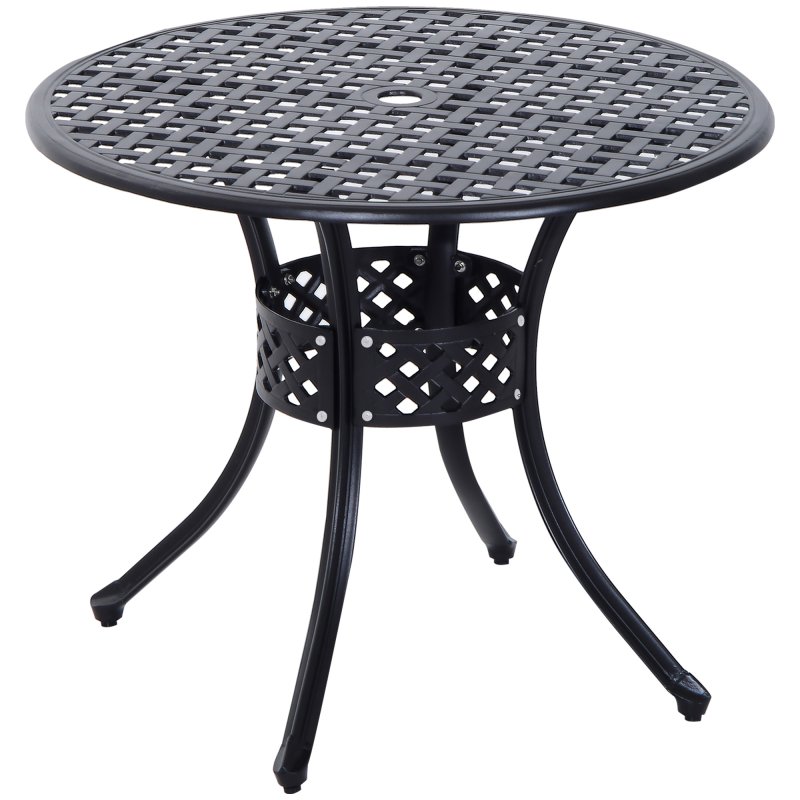Outsunny 85cm Round Garden Dining Table with 46.5mm Dia. Umbrella Hole, Cast Aluminium Outdoor Dining Table, Grid Motif Outdoor Table for Garden, Patio, Porch, Black