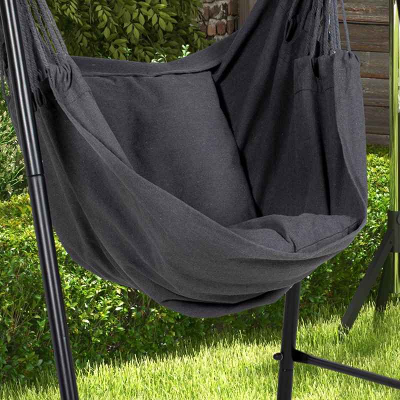 Outsunny Patio Hammock Chair with Stand, Outdoor Hammock Swing Hanging Rope Chair with Cushion, Armrest, Hooks, Dark Grey