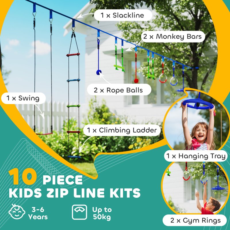AIYAPLAY Zip Line Kit for Kids, 10-Piece Outdoor Obstacle Course for Kids, 10m Kids Slackline Kit with Monkey Bars, Swing, Climbing Ladder, Hanging Tray, Metal Rings, Gripping Balls, Multicoloured