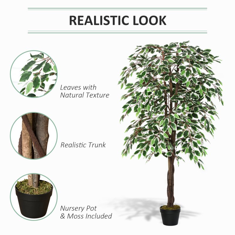 Outsunny 160cm/5.2FT Artificial Ficus Silk Tree with Nursery Pot, Decorative Fake Plant, for Indoor Outdoor D??cor