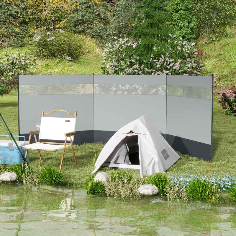 Outsunny Camping Windbreak, 4 Pole Windbreaker Blocker with Clear Windows, Carry Bag and Steel Poles, for Beach Caravan Campervan, 440 x 140cm, Grey