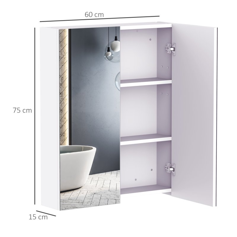 HOMCOM Mirror Cabinet, Wall Mount Bathroom Storage Cabinet with Adjustable Shelf, Double Door Cupboard, 60 x 15 x 75 cm