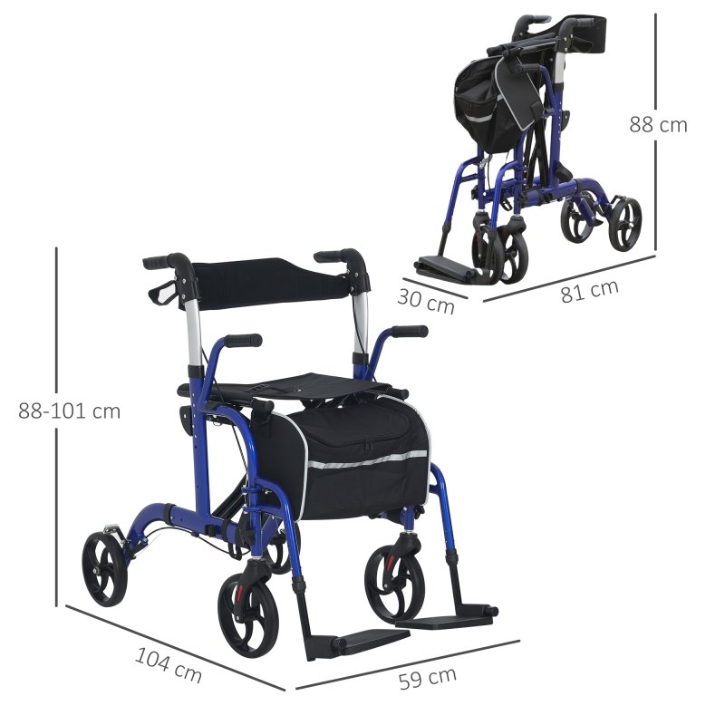 HOMCOM 2 in 1 Wheelchair Transport Chair & Folding Rollator Walker with Seat, Backrest, Footrest, Lightweight Walking Frame with Bag, Adjustable Height, 4 Wheeled Walker for Seniors