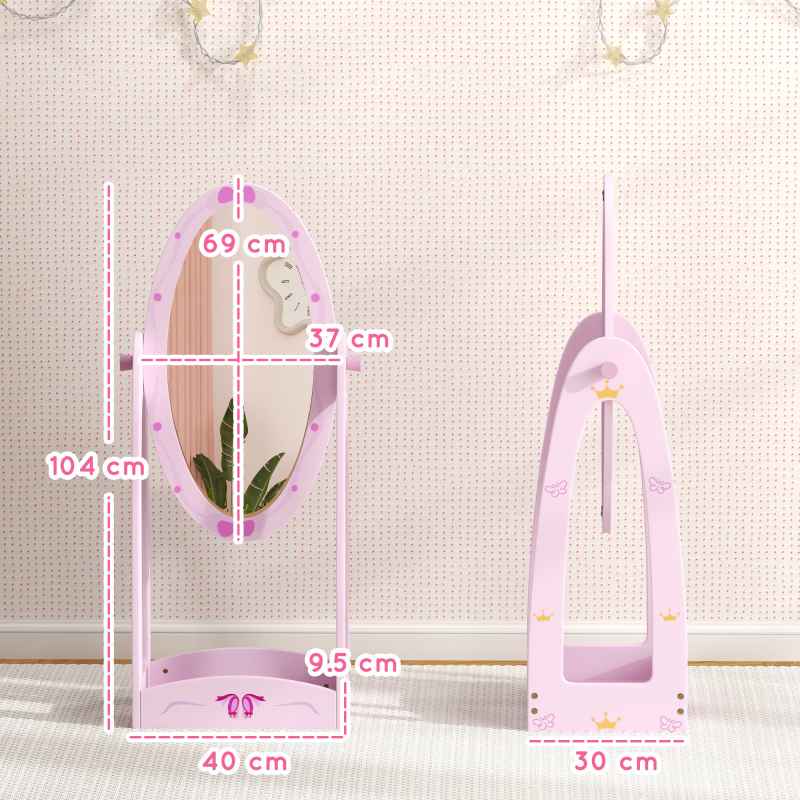 AIYAPLAY Kids Mirror Full Length with Storage Shelf, 360?? Rotating Standing Mirror for Bedroom, Kids Room, Nursery Room, Pink