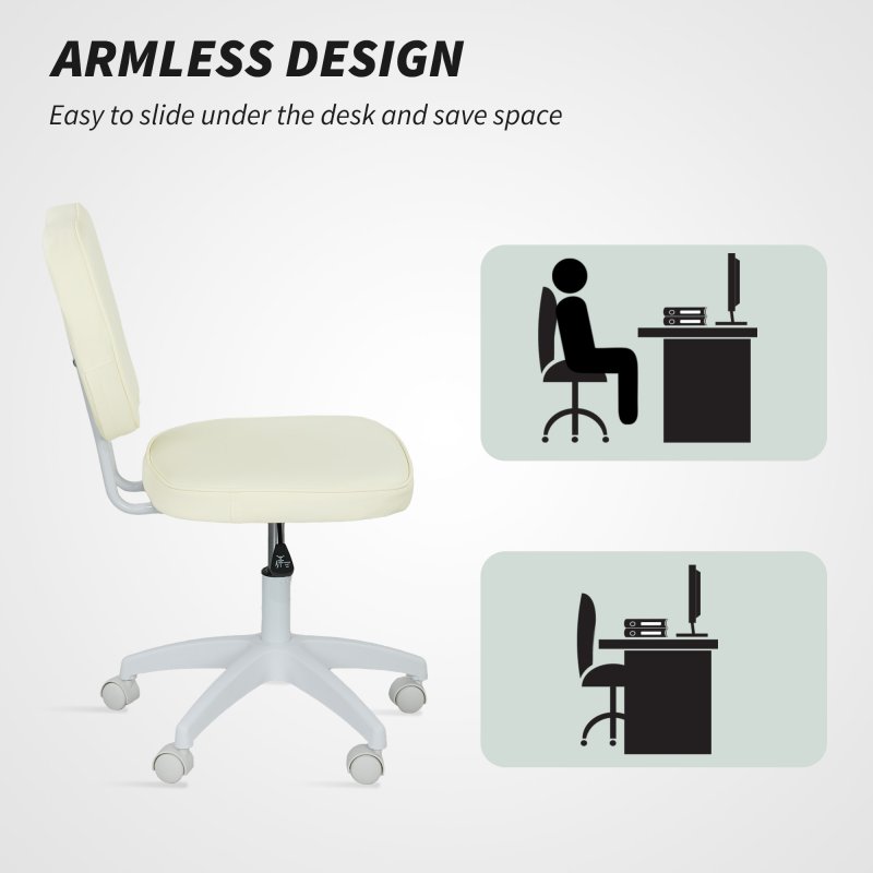 Vinsetto Cute Armless Office Chair, Small PU Leather Computer Desk Chair with Adjustable Height, Swivel Wheels, Mid Back, Cream White