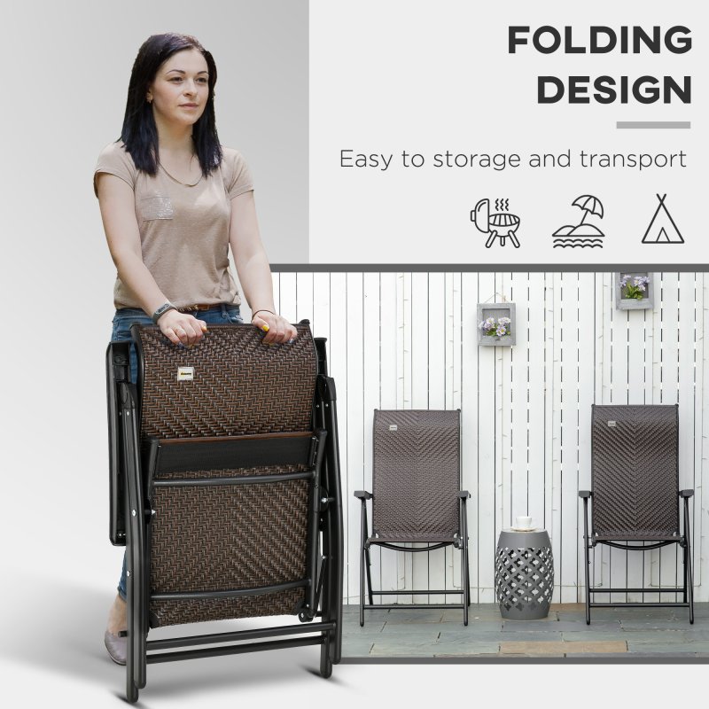 Outsunny Set of 2 Outdoor Wicker Folding Chairs, Patio PE Rattan Dining Armrests Chair set with 7 Levels Adjustable Backrest, for Outdoors, Camping, Brown