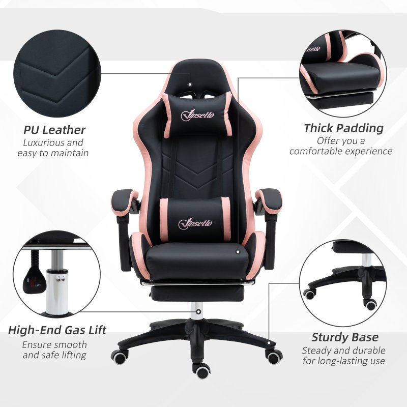 Vinsetto Computer Gaming Chair, PU Leather Desk Chair with Footrest, Swivel Task Chair with 135° Reclining Back and Lumbar Support, PC Chair for Adults, Black and Pink