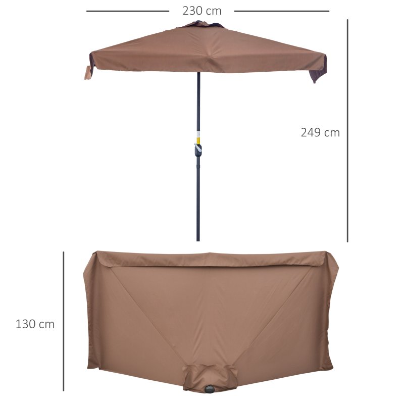 Outsunny 2.3m Half Parasol Semi Round Umbrella Patio Metal Frame Crank Handle for Balcony- NO BASE INCLUDED, Brown