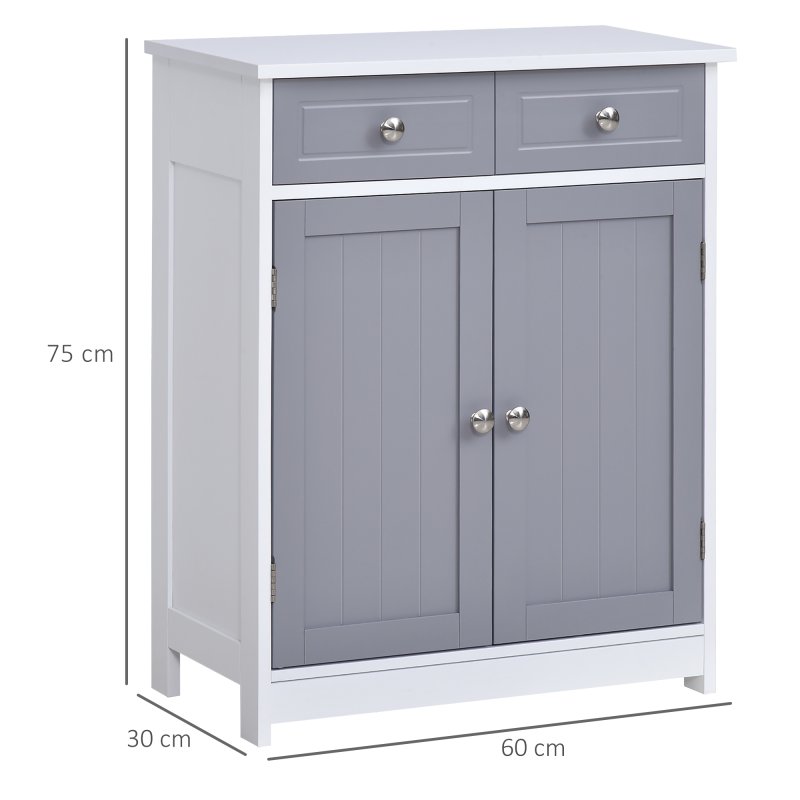 kleankin 75x60cm Freestanding Bathroom Storage Cabinet Unit w/ 2 Drawers Cupboard Adjustable Shelf Metal Handles Traditional Style 