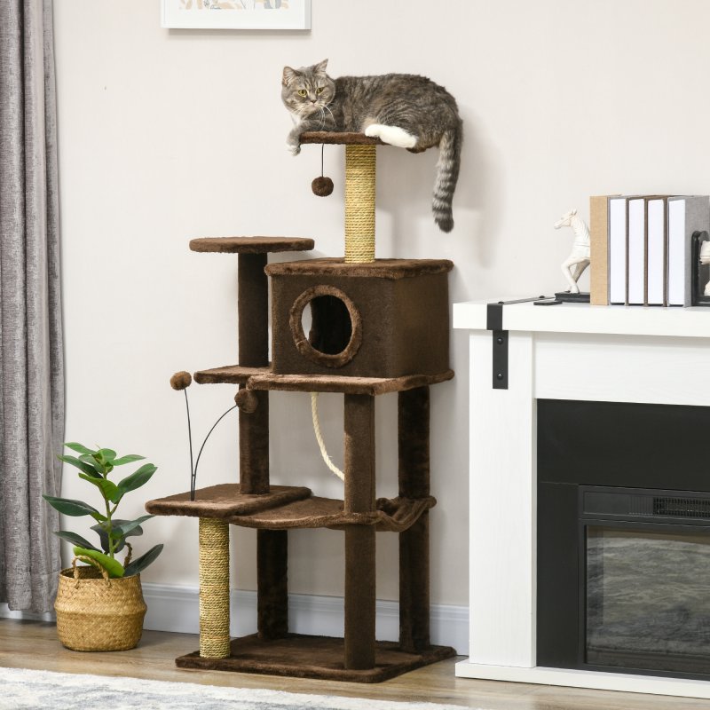PawHut 136cm Cat Tree for Indoor Cats, Cat Tower with Scratching Posts, Hammock, Toy Ball, Cat House, Platforms - Brown