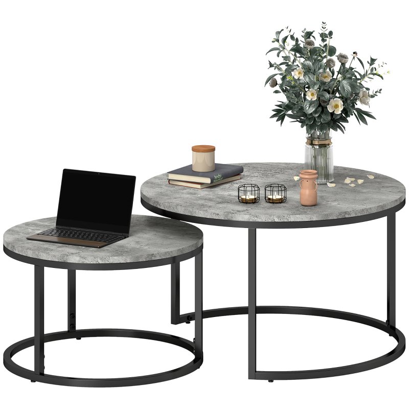 HOMCOM Round Nesting Coffee Table Set of 2, Large Stacking End Side Table with Steel Frame for Living Room, Bedroom, Home Office, 78.5 x 78.5 x 46.5 cm, Cement Grey