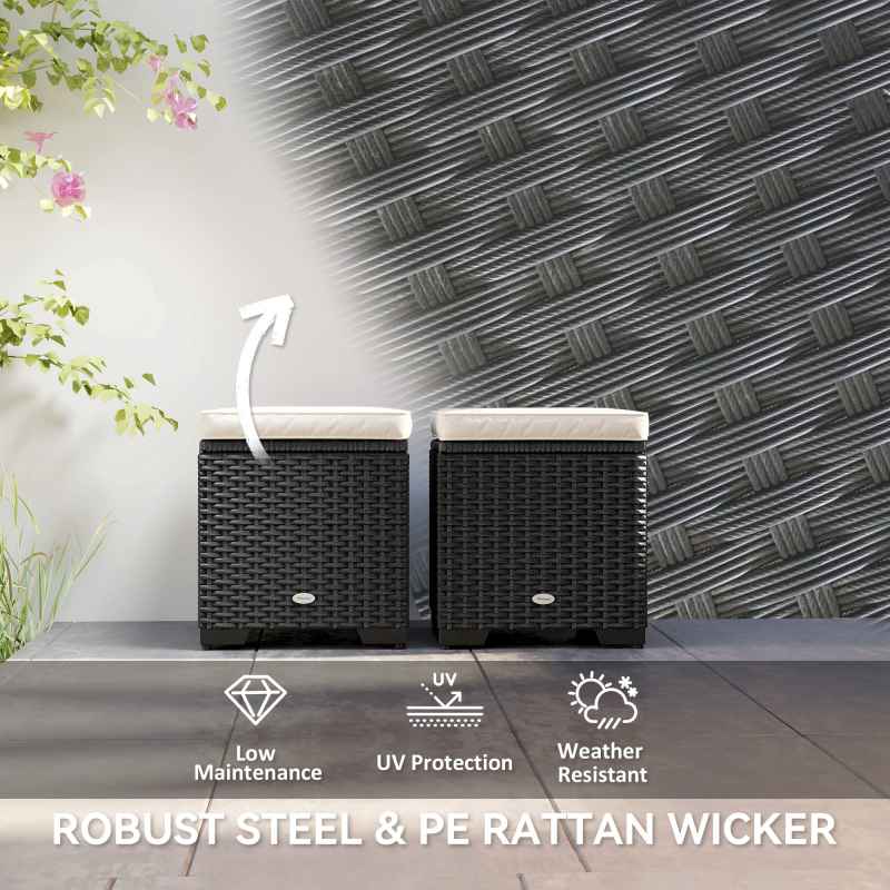 Outsunny Set of 2 Rattan Storage Ottoman, Outdoor Footstool with Removable Cushions, Garden Storage Seat for Balcony, Porch, Living Room, Cream White